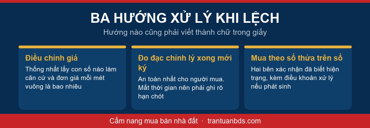 Sơ đồ ba hướng xử lý khi diện tích thực tế lệch sổ đỏ gồm điều chỉnh giá theo diện tích thực, đo đạc chỉnh lý xong mới ký và mua theo số thửa kèm điều khoản xử lý phát sinh