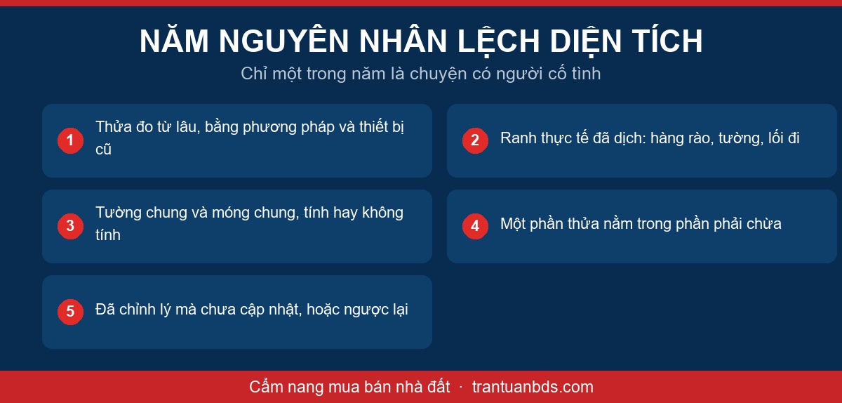 Sơ đồ năm nguyên nhân diện tích thực tế lệch so với sổ đỏ gồm đo bằng phương pháp cũ, ranh thực tế đã dịch, tường chung móng chung, phần nằm trong chỉ giới và chưa cập nhật chỉnh lý