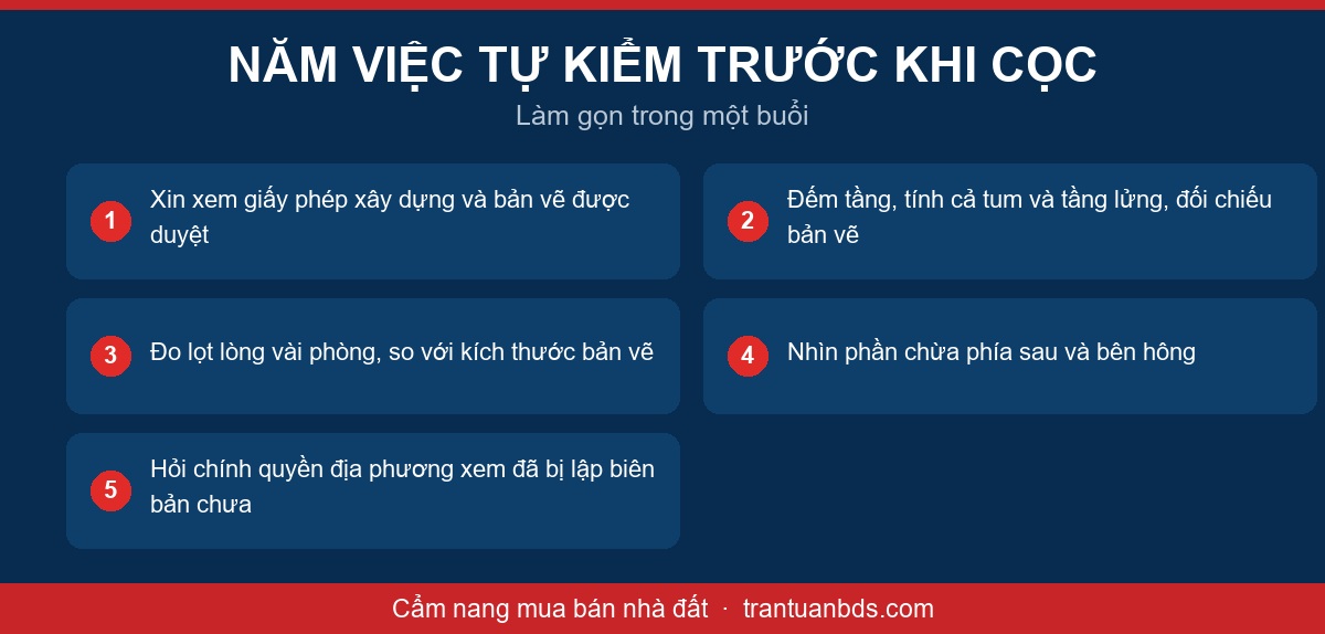 Sơ đồ năm việc tự kiểm trước khi đặt cọc mua nhà chưa hoàn công gồm xin giấy phép và bản vẽ, đếm tầng, đo lọt lòng, xem phần chừa và hỏi chính quyền địa phương