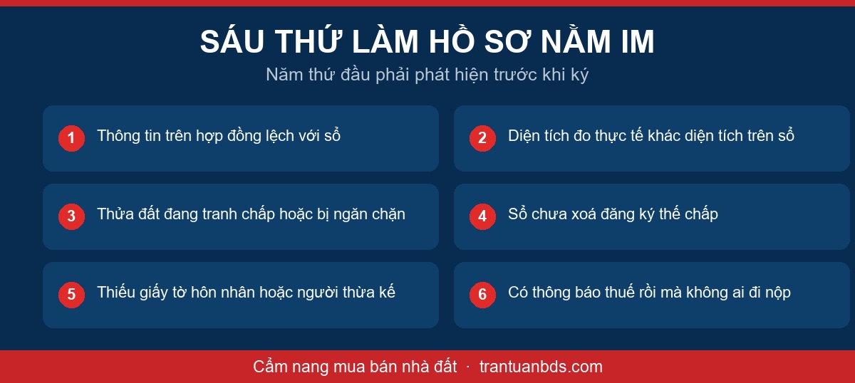 Sơ đồ sáu nguyên nhân làm hồ sơ sang tên sổ đỏ nằm im gồm thông tin lệch sổ, diện tích đo khác, đang tranh chấp, chưa xoá thế chấp, thiếu giấy tờ hôn nhân thừa kế và không đi nộp tiền thuế