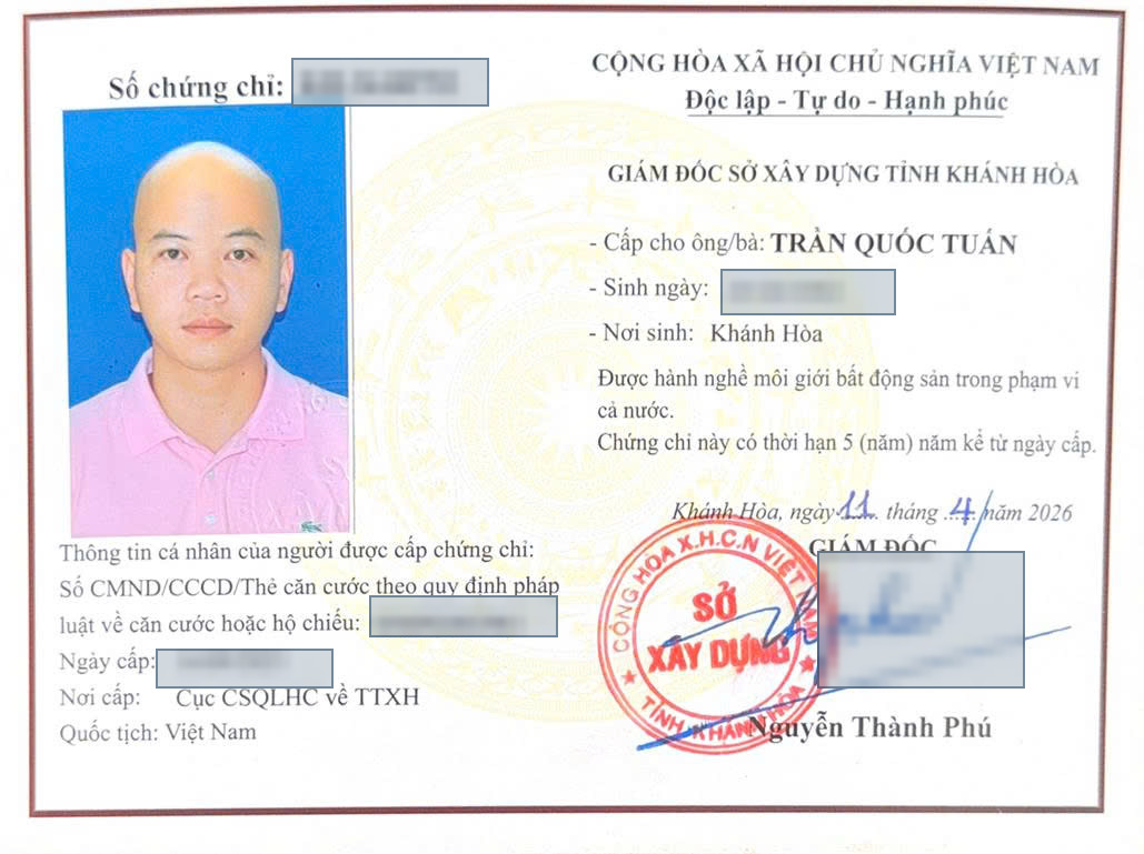 Chứng chỉ hành nghề môi giới bất động sản do Sở Xây dựng tỉnh Khánh Hòa cấp cho Trần Tuấn