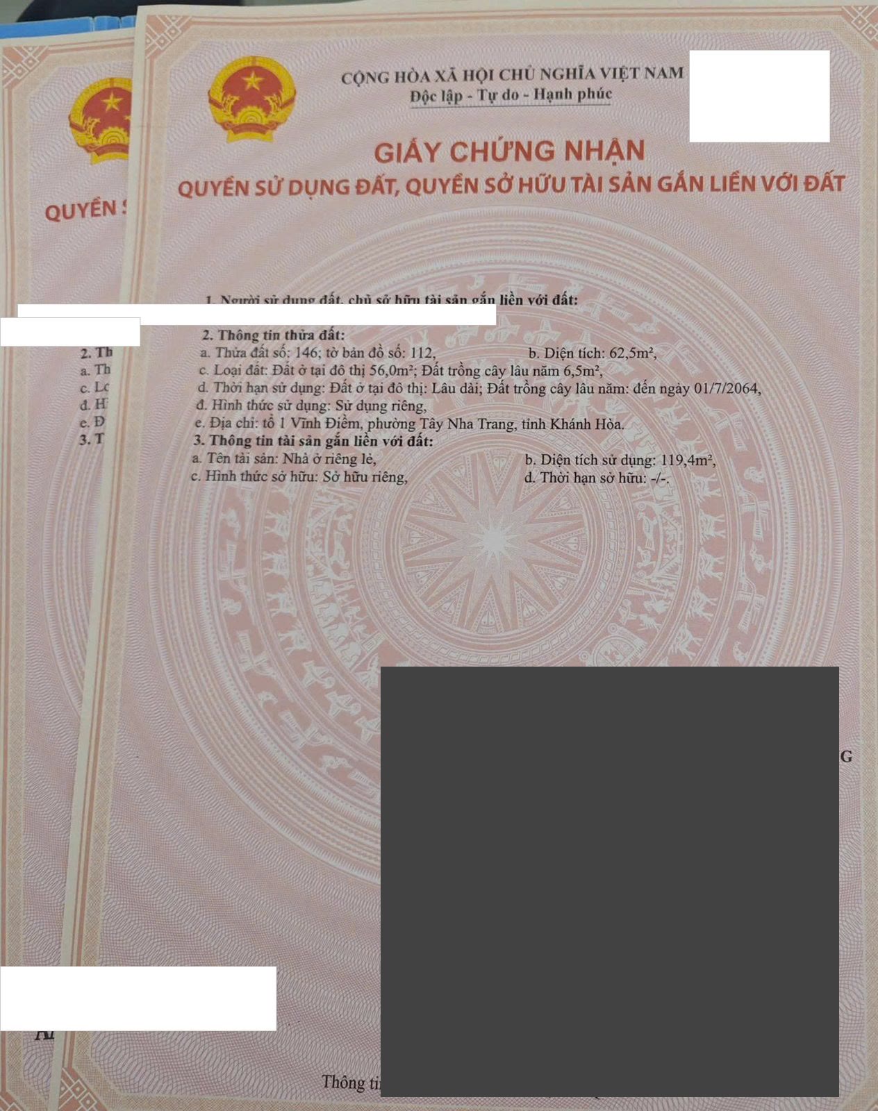Trang giấy chứng nhận quyền sử dụng đất ghi thửa 146 tờ bản đồ 112, diện tích 62,5m2 gồm đất ở đô thị 56m2 và đất trồng cây lâu năm 6,5m2, nhà ở riêng lẻ 119,4m2